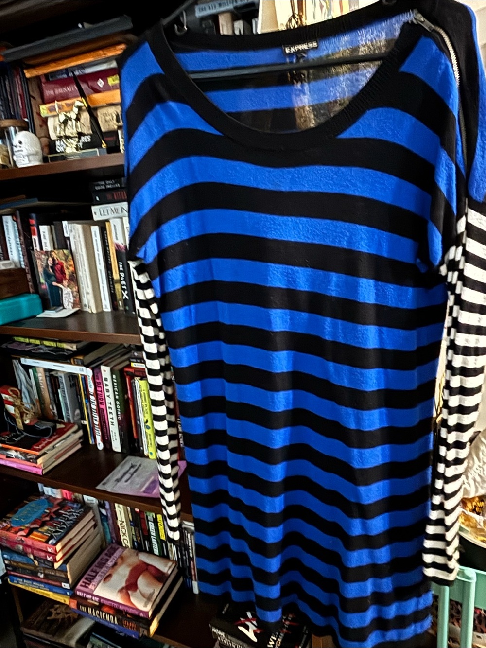 Express Royal Blue and Black Striped Tunic with Contrast Sleeves